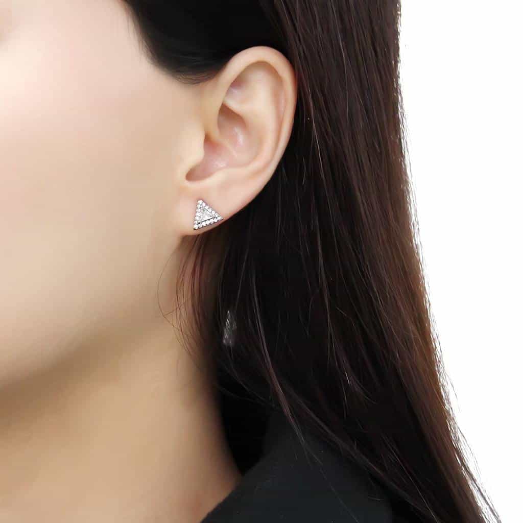 Stainless Steel CZ Trillion Pave Triangle Frame Studs Earrings view 3
