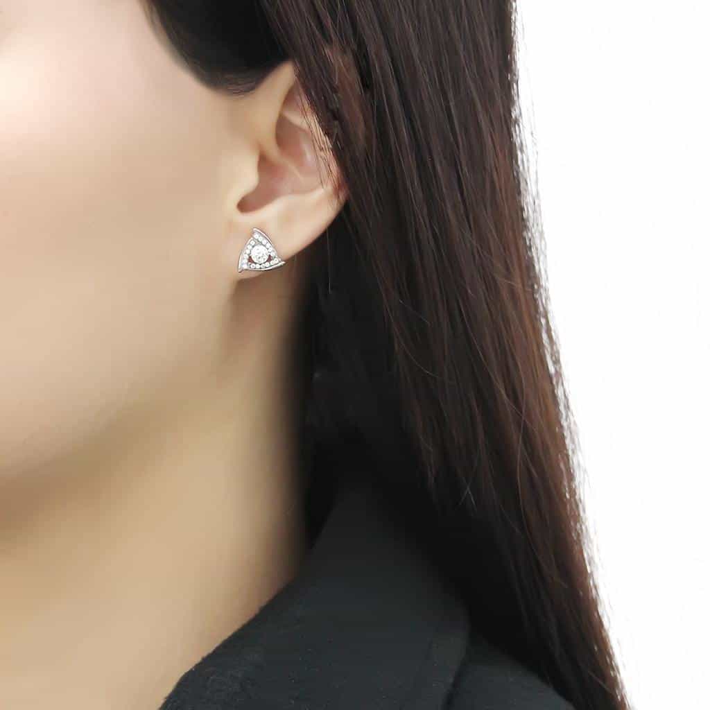 Stainless Steel CZ Trillion Pave Twisted Trefoil Studs Earrings view 3