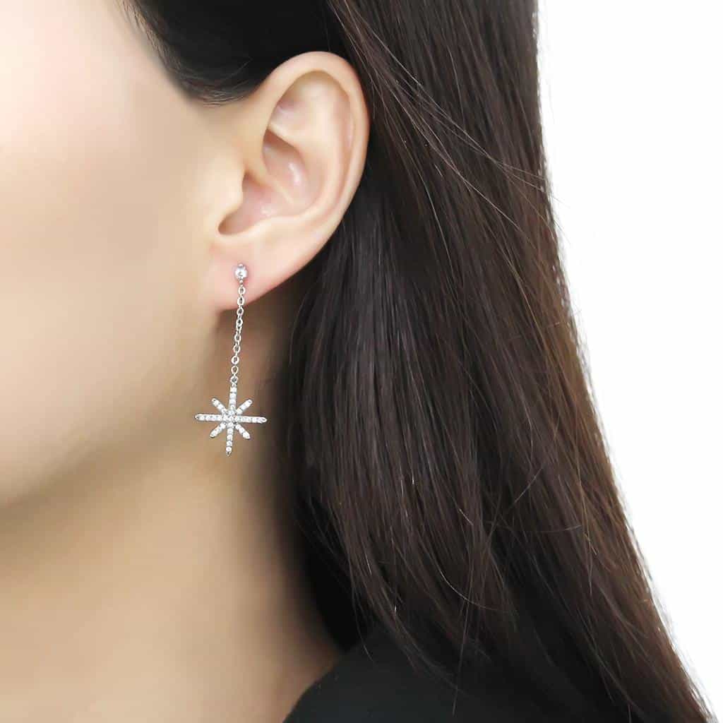 Stainless Steel CZ Pave Starburst Chain Long Drop Earrings view 3