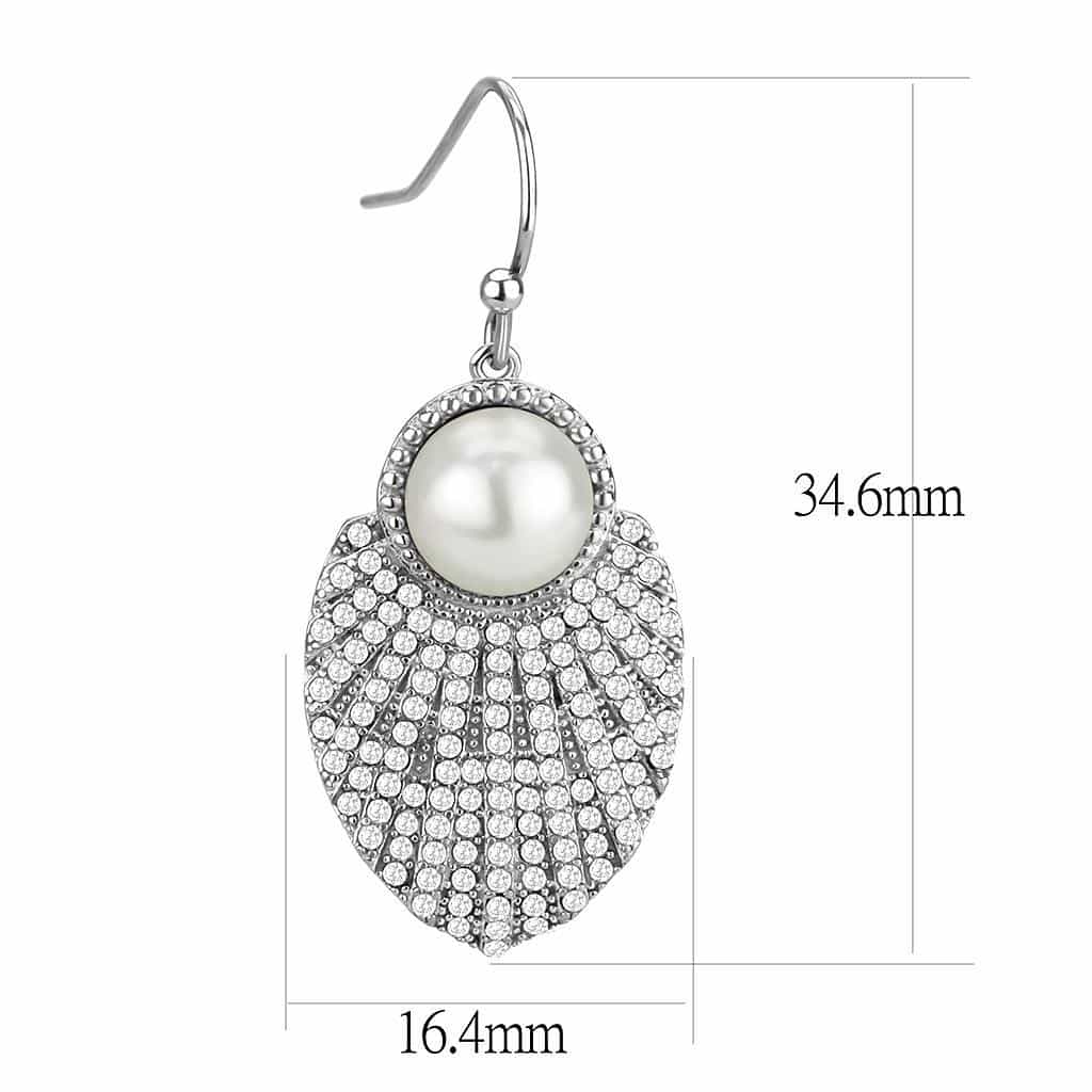 Stainless Steel Pearl CZ Pave Seashell Fan Dangle Drop Earrings view 2