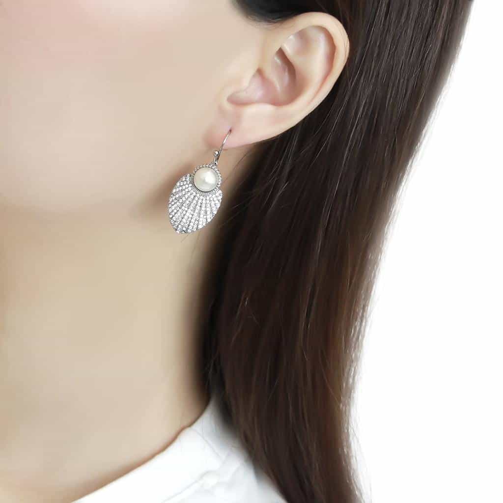 Stainless Steel Pearl CZ Pave Seashell Fan Dangle Drop Earrings view 3