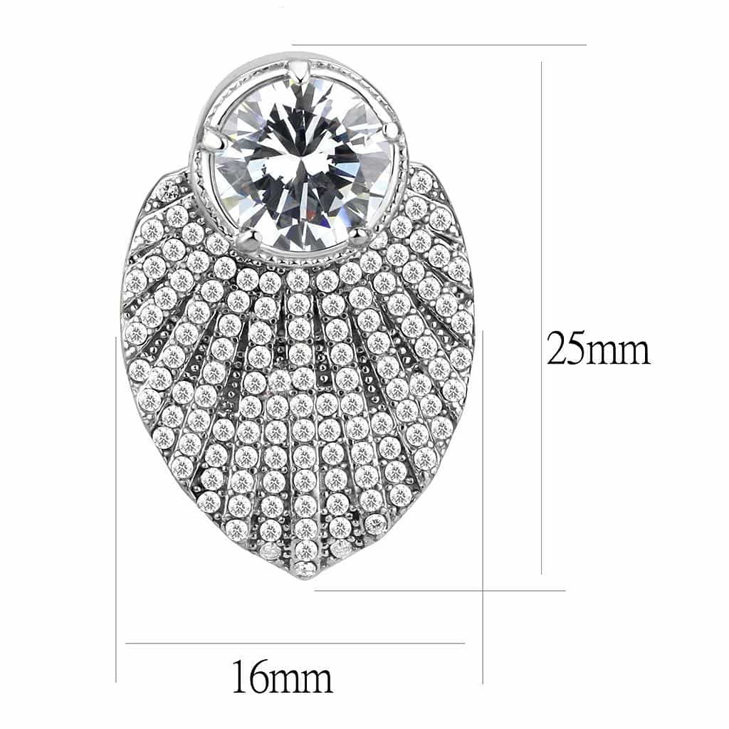 Stainless Steel CZ Round Pave Art Deco Fan Shell Studs Earrings view 2