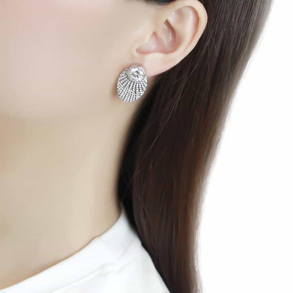 Stainless Steel CZ Round Pave Art Deco Fan Shell Studs Earrings view 3