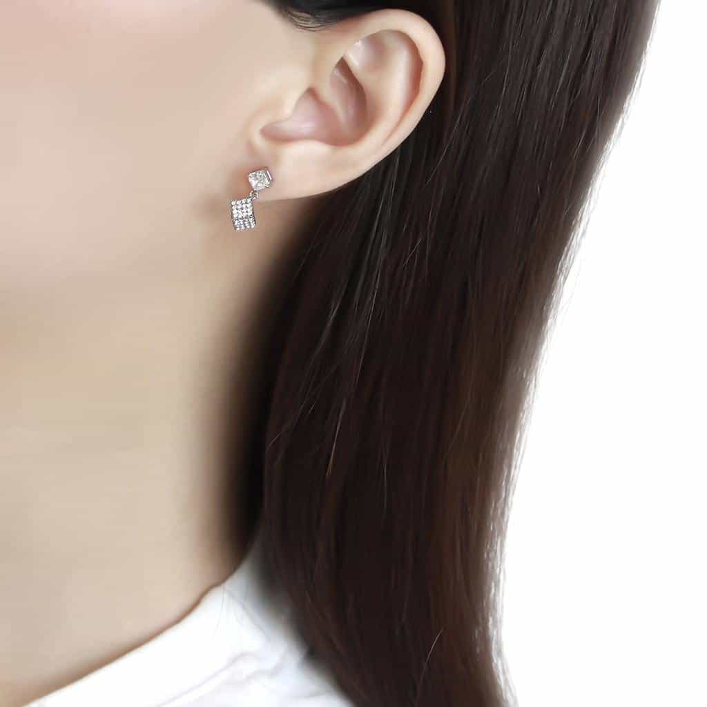 Stainless Steel CZ Princess Cut Pave Cube Diamond Drop Earrings view 3