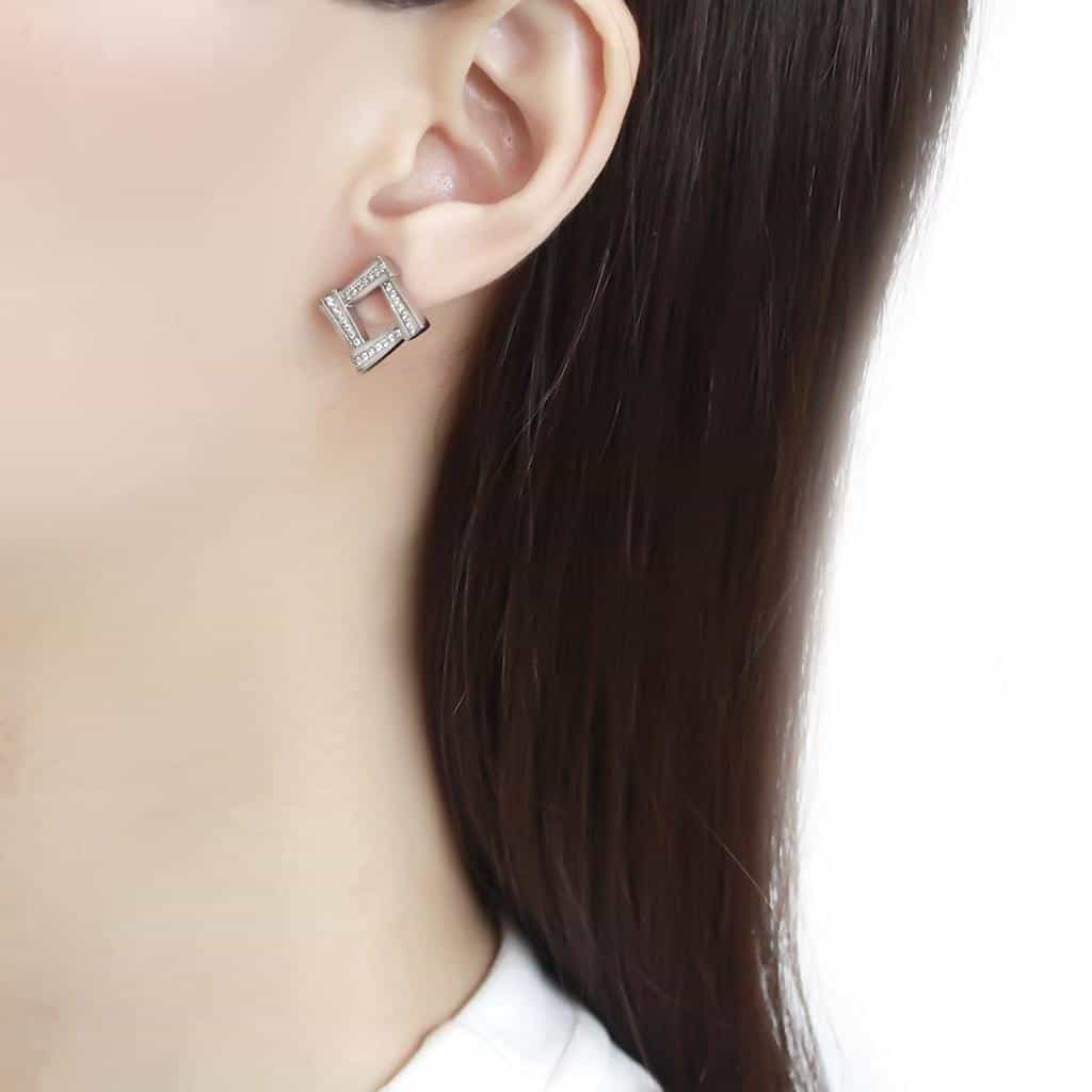 Stainless Steel CZ Pave Open Square Geometric Frame Earrings view 3