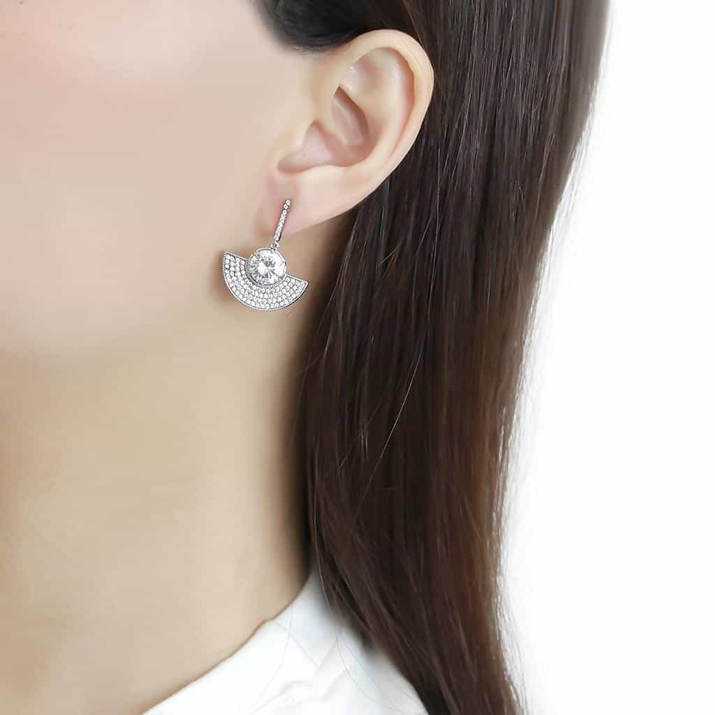 Stainless Steel CZ Round Pave Half Moon Fan Dangle Drop Earrings view 3