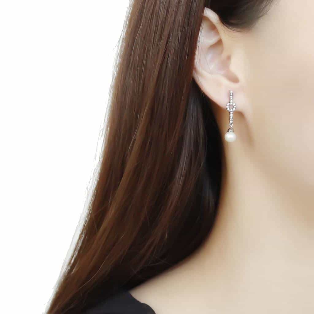 Stainless Steel Pearl CZ Pave Bar Link Dangle Drop Earrings view 3