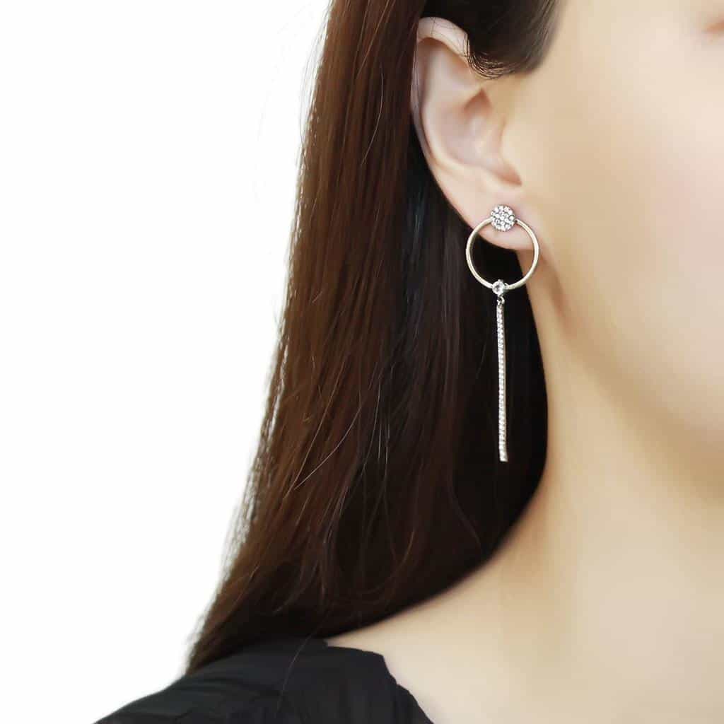 Stainless Steel CZ Pave Ball Circle Bar Long Drop Earrings view 3
