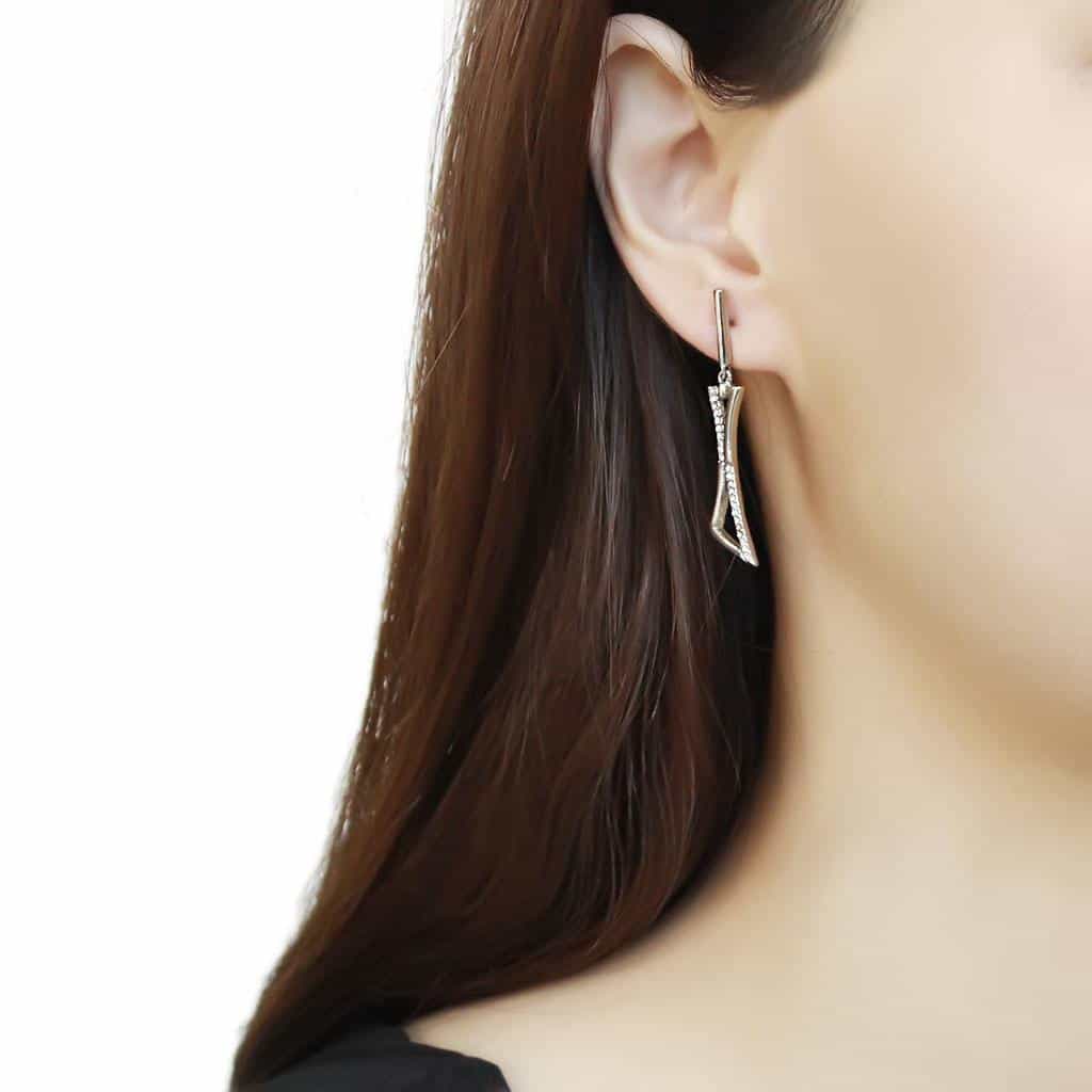 Stainless Steel CZ Pave Geometric Angular Arrow Dangle Earrings view 3