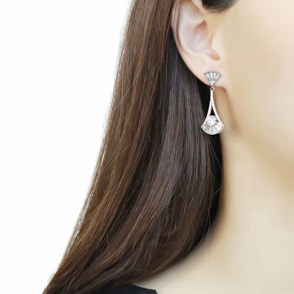 Stainless Steel CZ Round Baguette Art Deco Fan Triangle Earrings view 3
