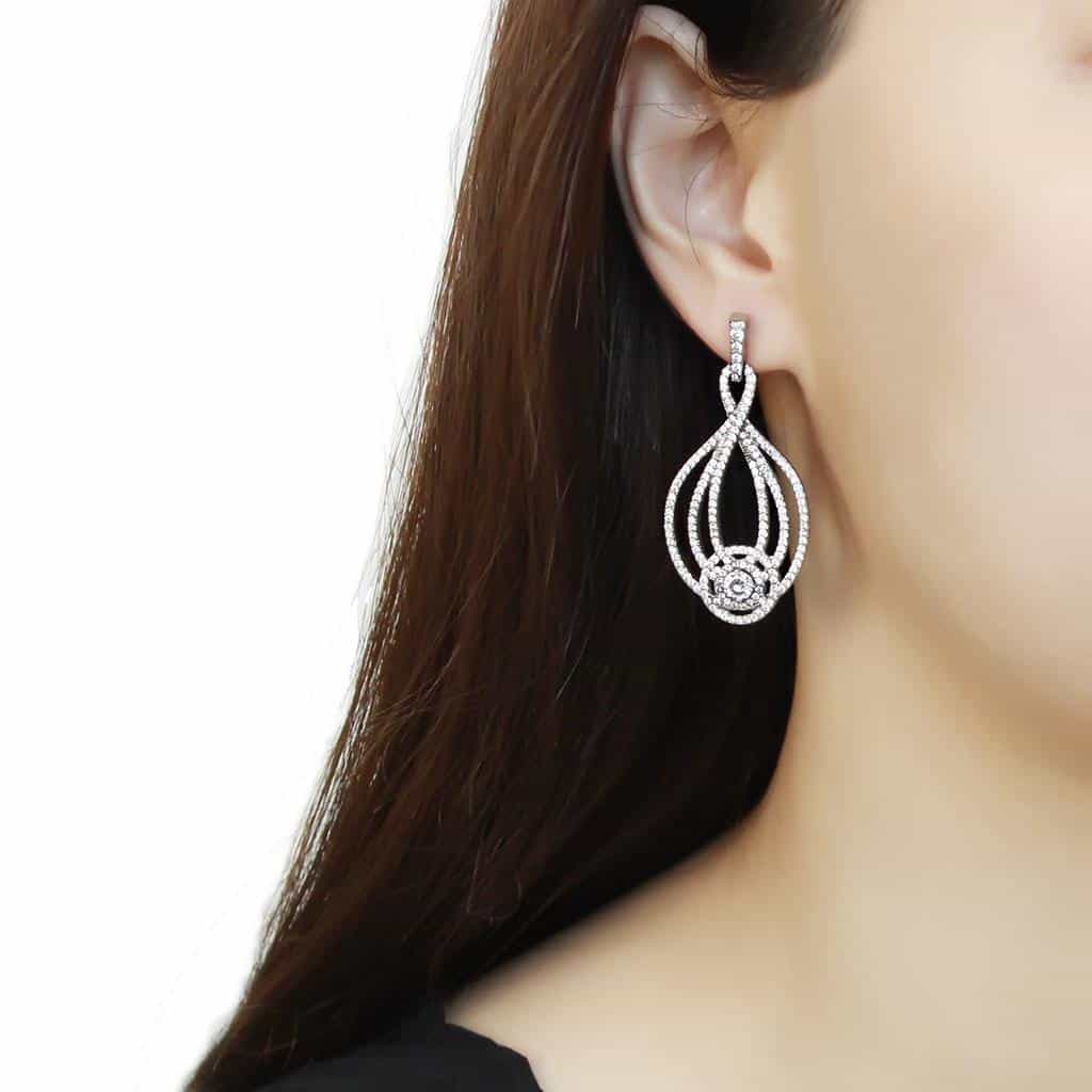 Stainless Steel CZ Round Pave Double Teardrop Chandelier Earrings view 3