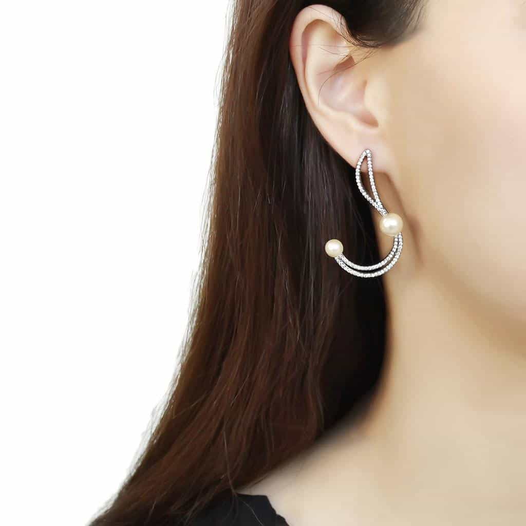 Stainless Steel Pearl CZ Pave Double Wave Curve Ear Jacket Ring view 3