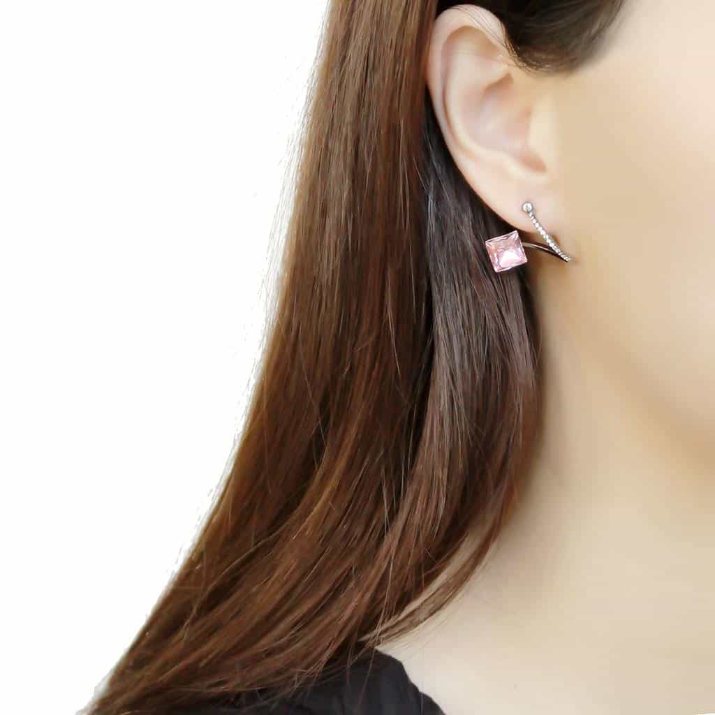 Stainless Steel Pink CZ Princess Cut Pave Bar Long Drop Earrings view 3