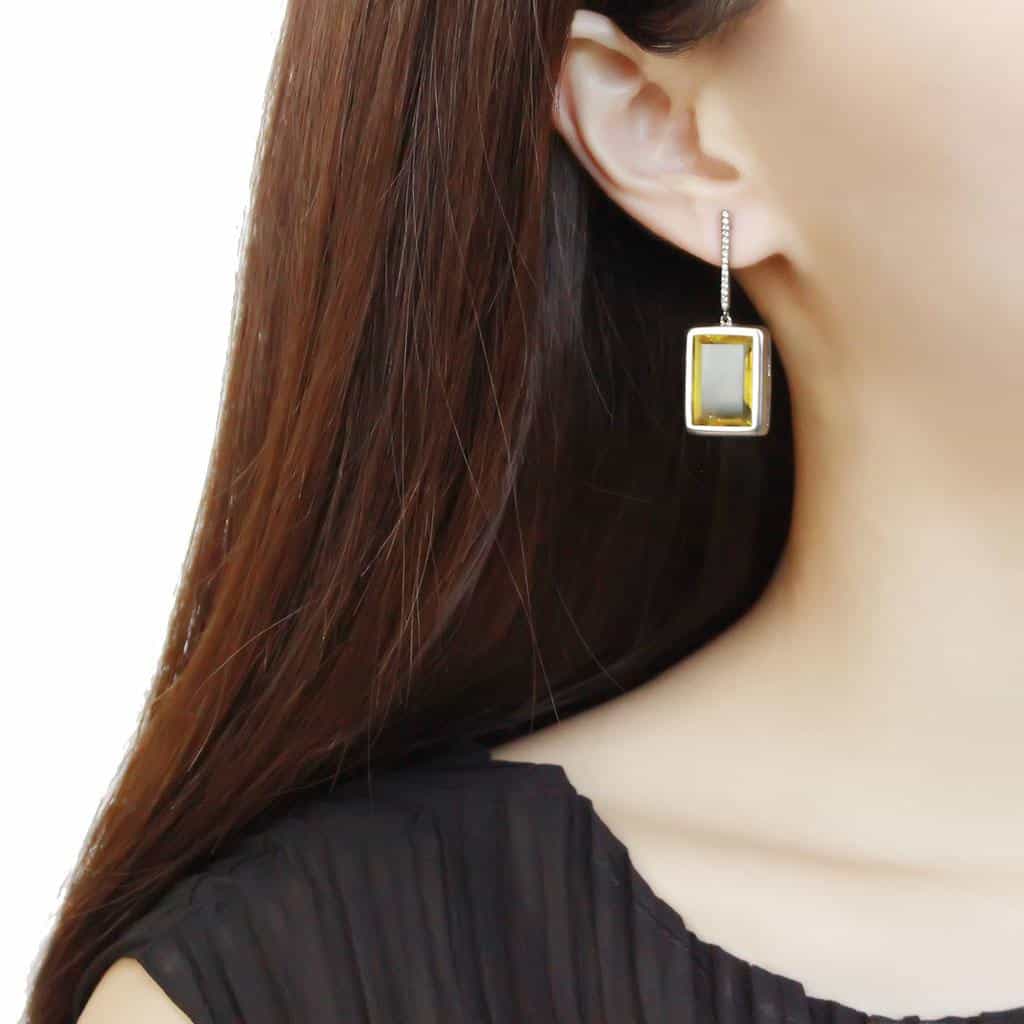 Stainless Steel Yellow Citrine Emerald Cut Rectangle Earrings view 3