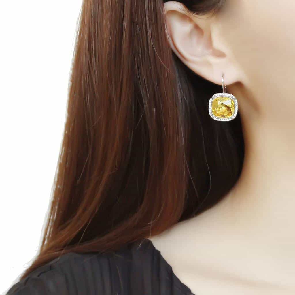 Stainless Steel Yellow Citrine Cushion Pave Halo Earrings view 3