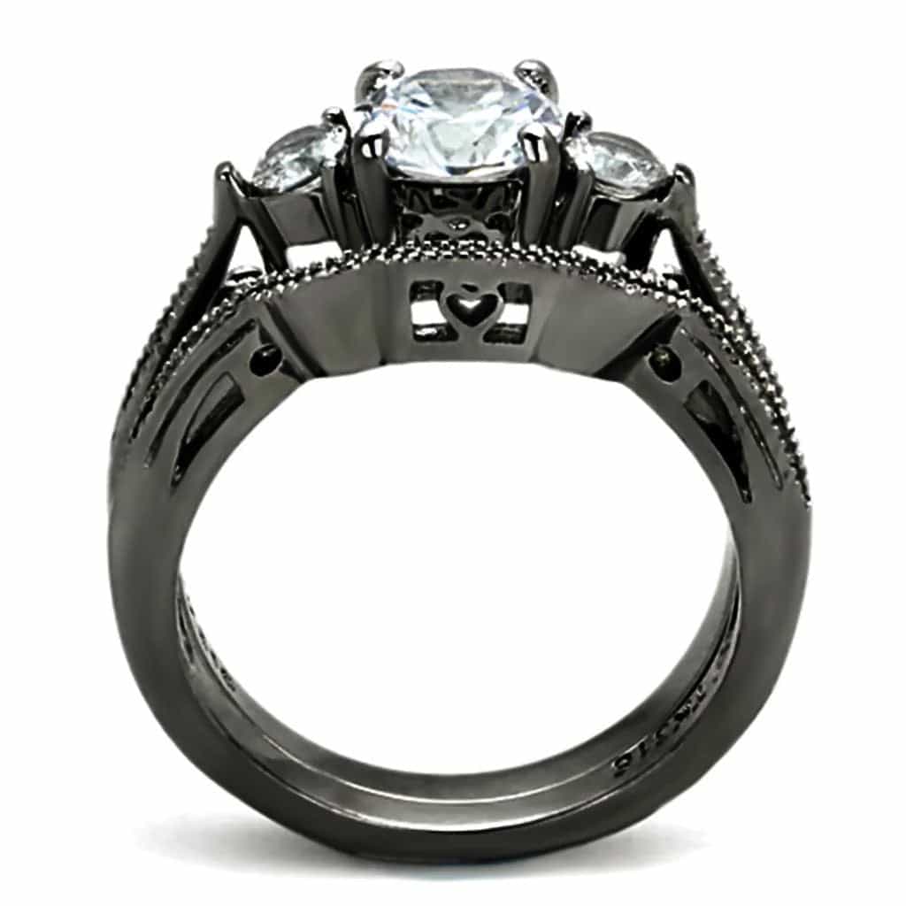Stainless Steel CZ Pear Halo Pave Black IP Bridal Set Ring view 7