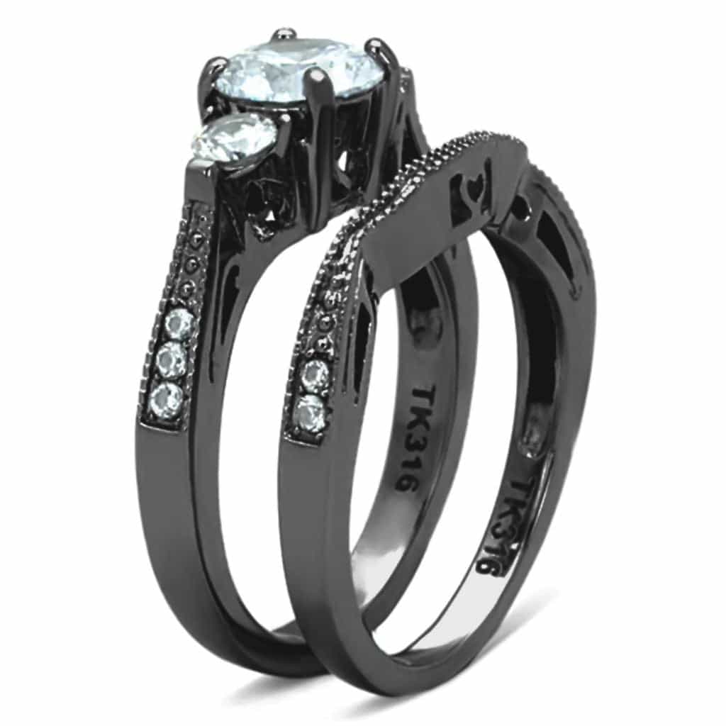 Stainless Steel Black IP CZ Round Solitaire Ring view 4