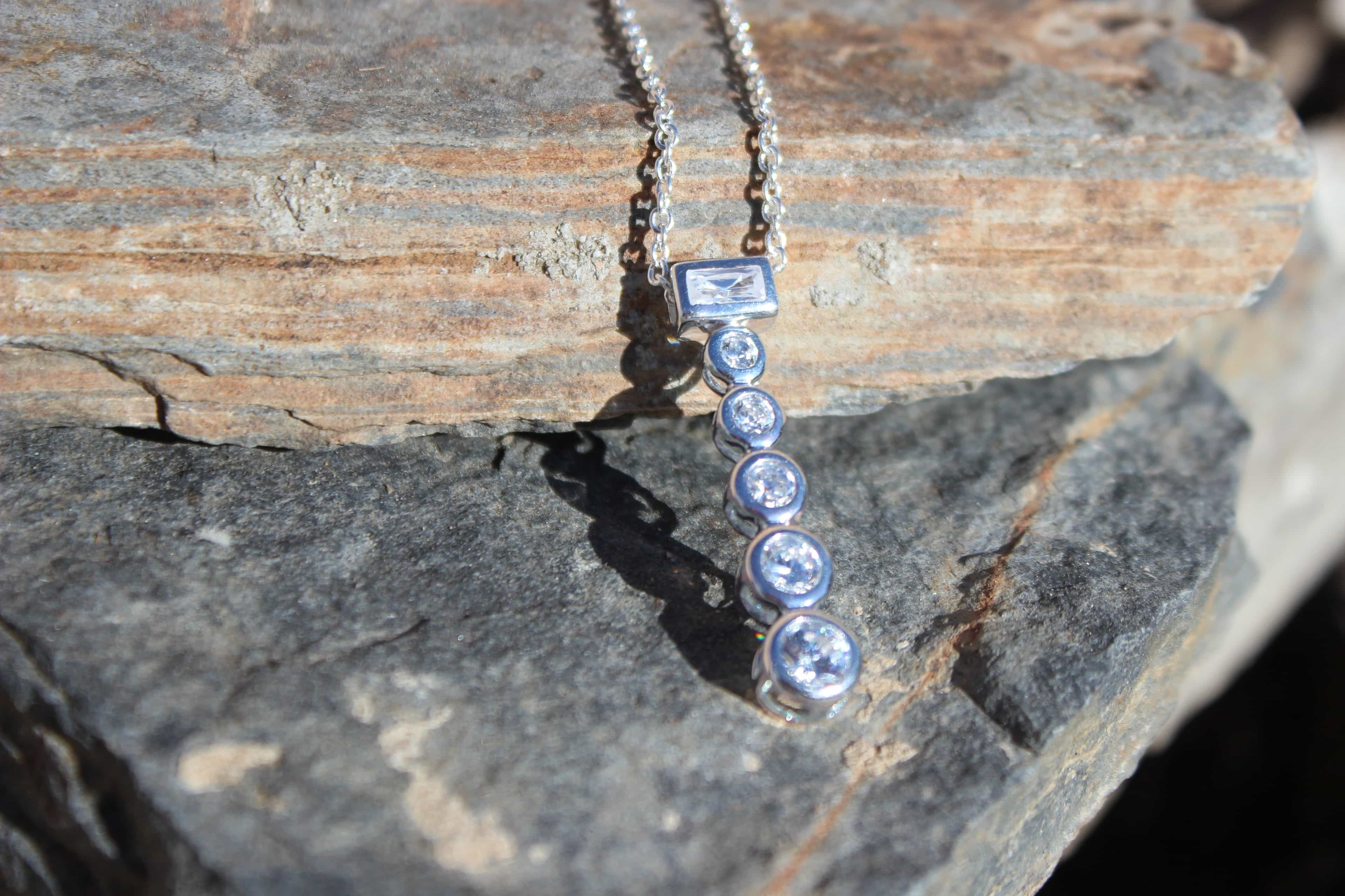 Sterling Silver CZ Graduated Bezel Drop Pendant Necklace view 2