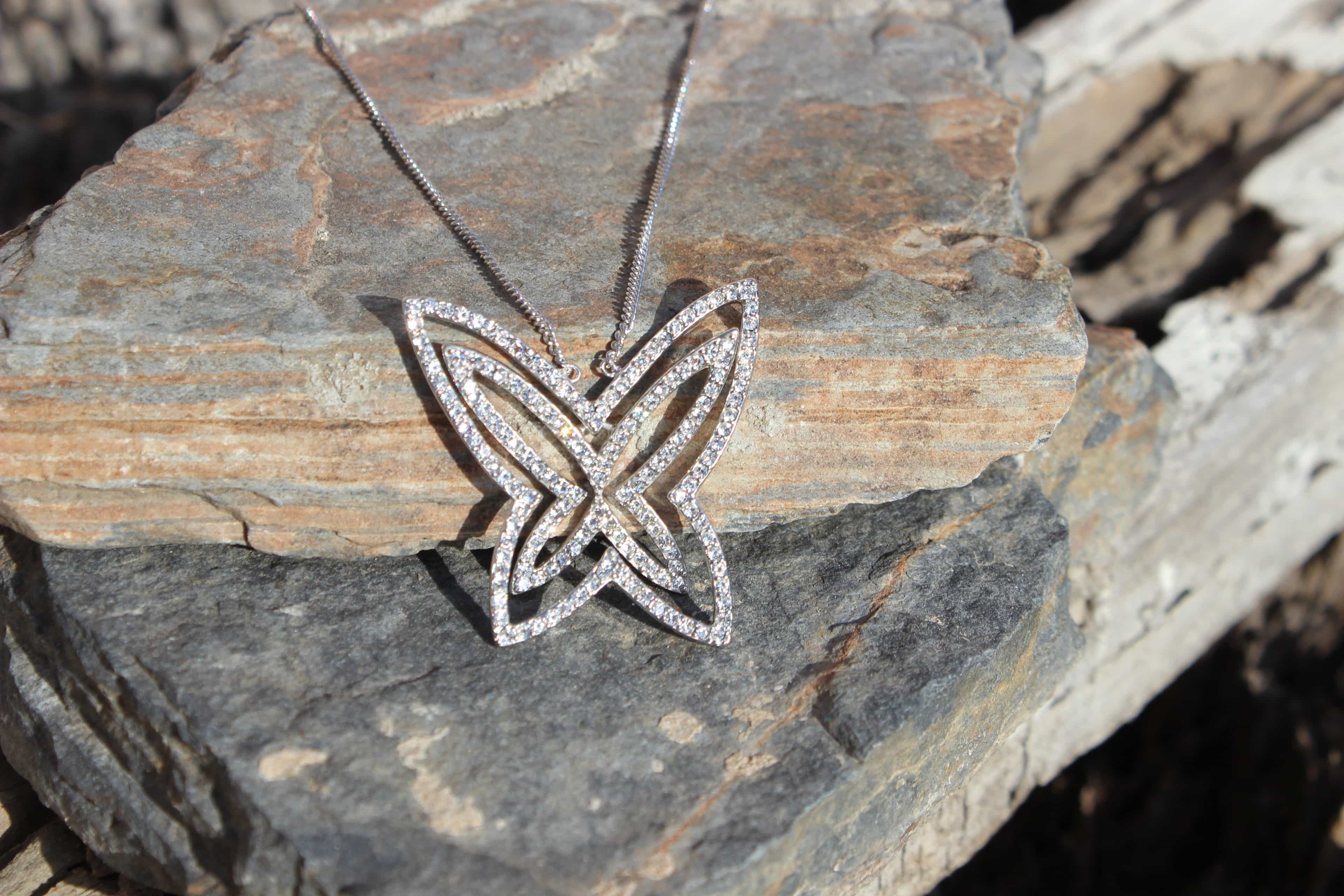 Sterling Silver CZ Butterfly Pave Pendant Necklace view 2