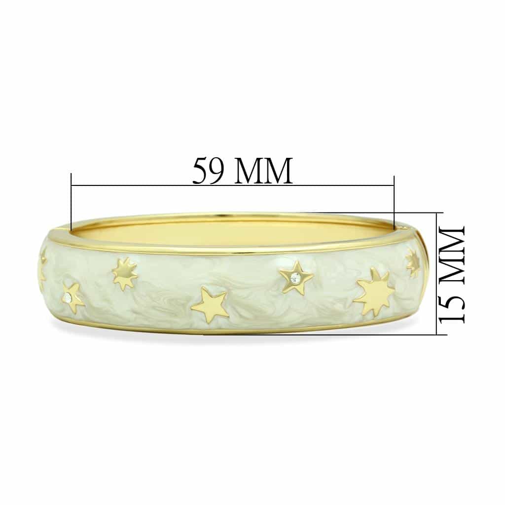 Brass Gold White Enamel Star Pattern Hinged Bangle Bracelet view 2