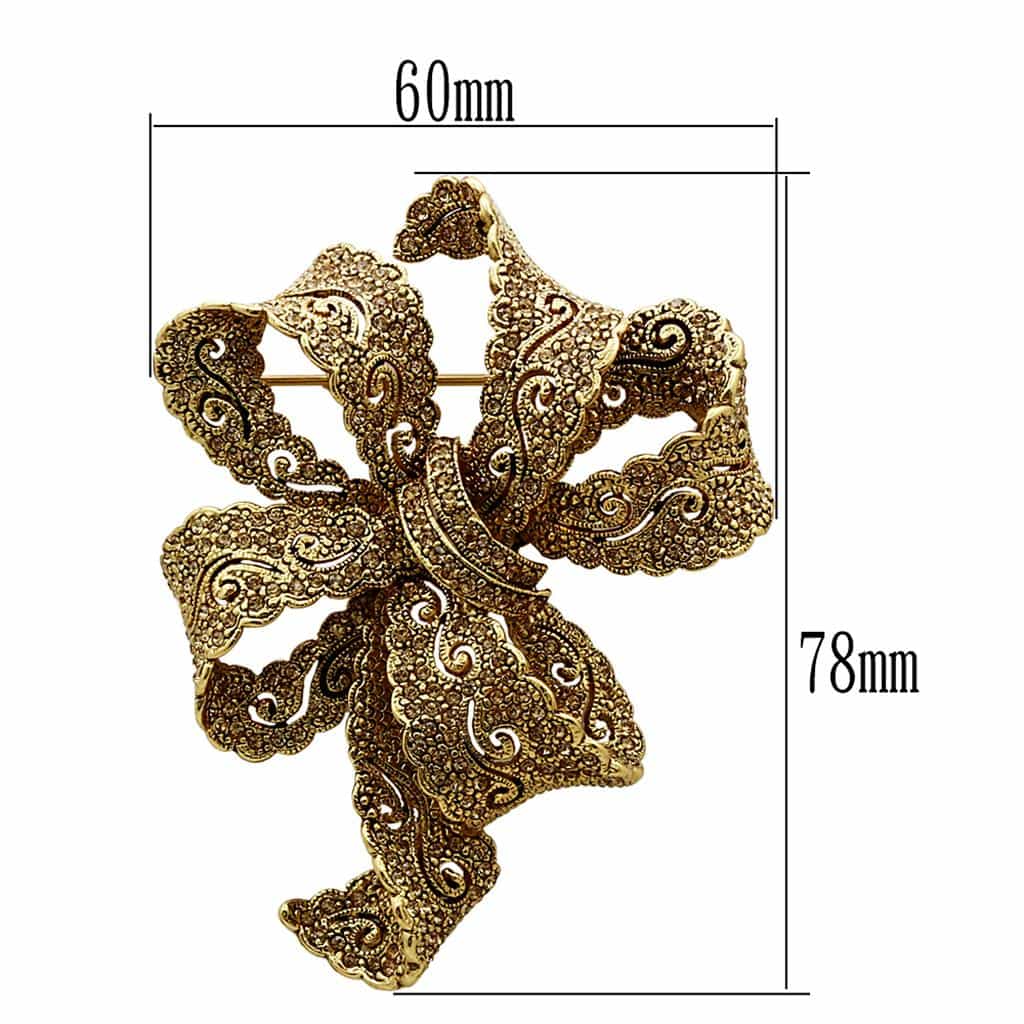 Brass Gold Champagne Crystal Filigree Bow Brooch view 2