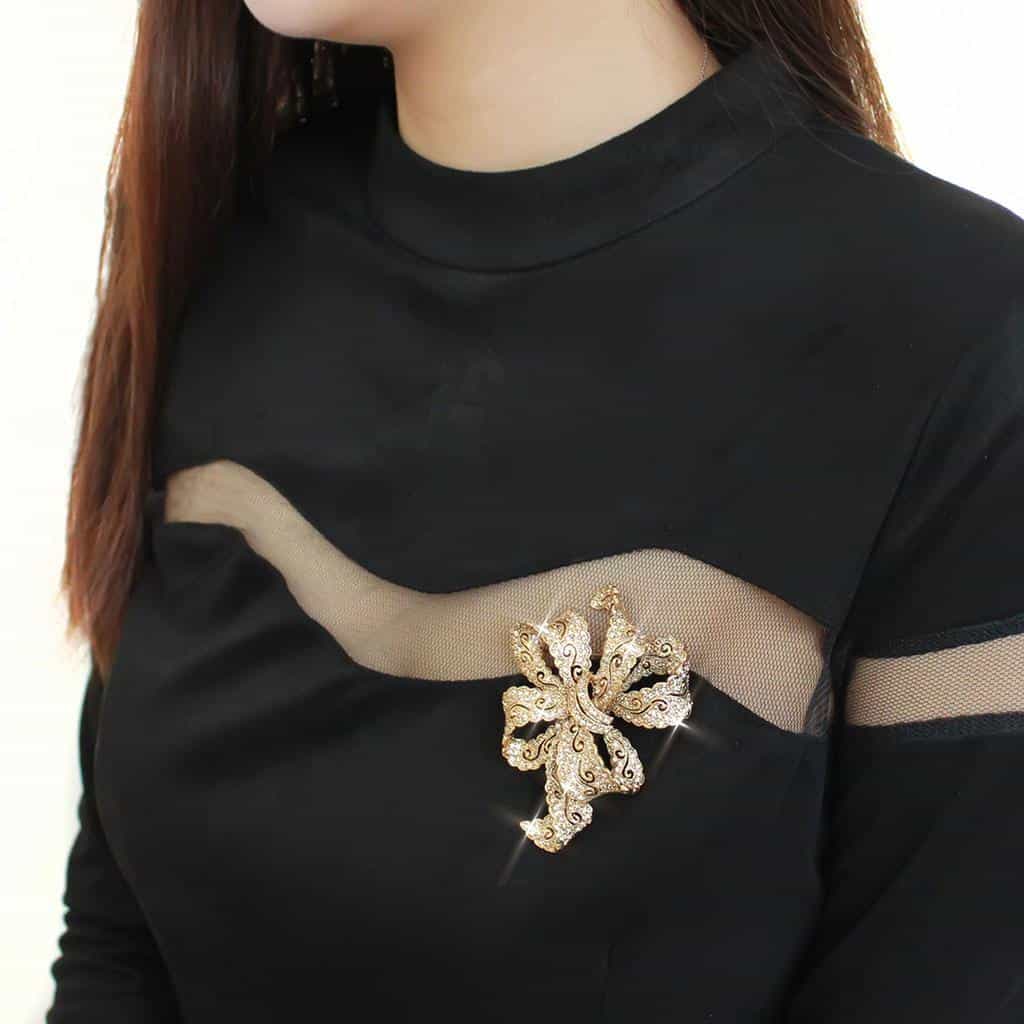 Brass Gold Champagne Crystal Filigree Bow Brooch view 3