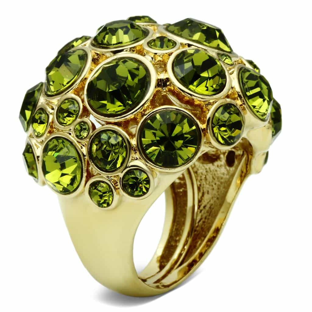Brass Gold Olive Green Crystal Bezel Bubble Dome Cocktail Ring view 3