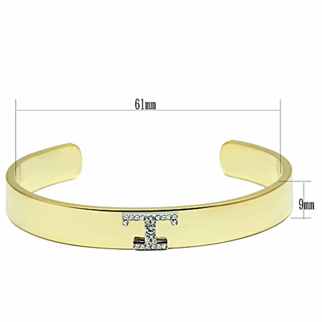 Brass Gold CZ Initial Letter T Open Cuff Bracelet view 2