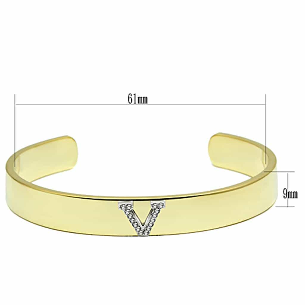 Brass Gold CZ Initial Letter V Open Cuff Bracelet view 2