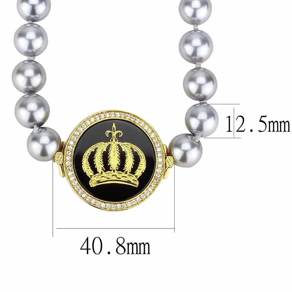 Brass Gold Grey Pearl Crown Medallion Single Strand Necklace view 2
