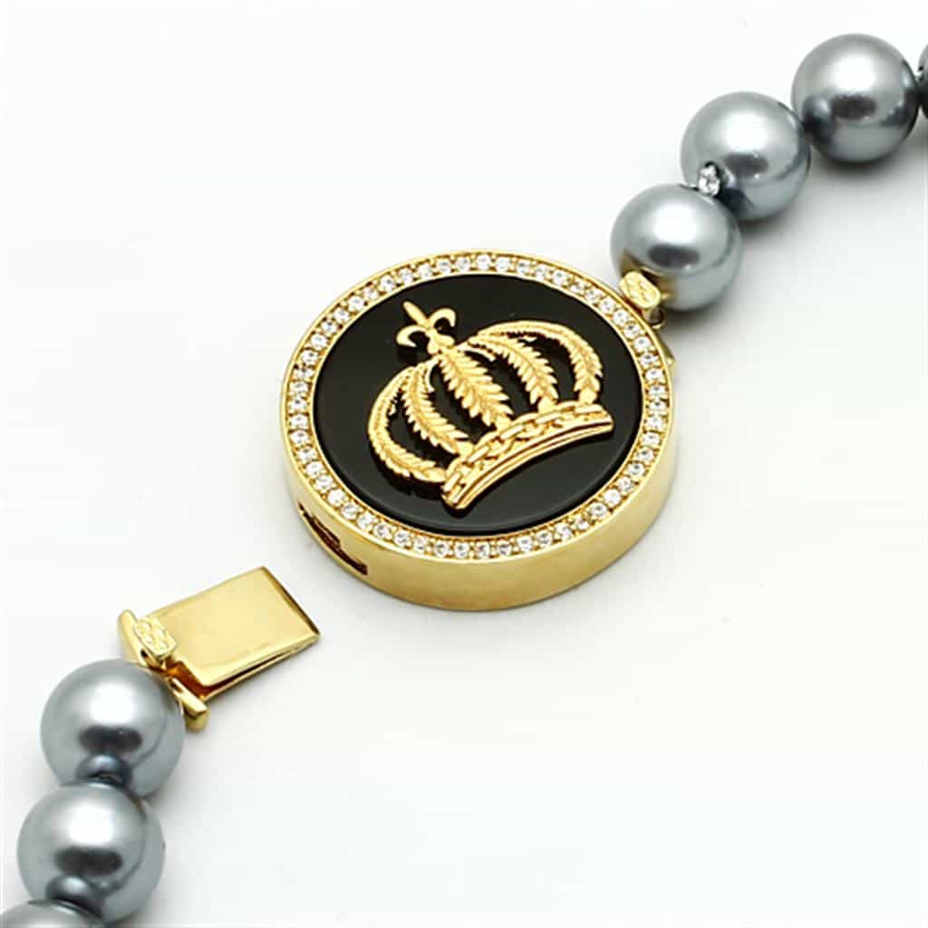 Brass Gold Grey Pearl Crown Medallion Single Strand Necklace view 3