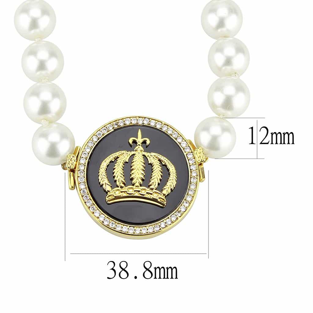 Brass Gold White Pearl Crown Medallion Single Strand Necklace view 2