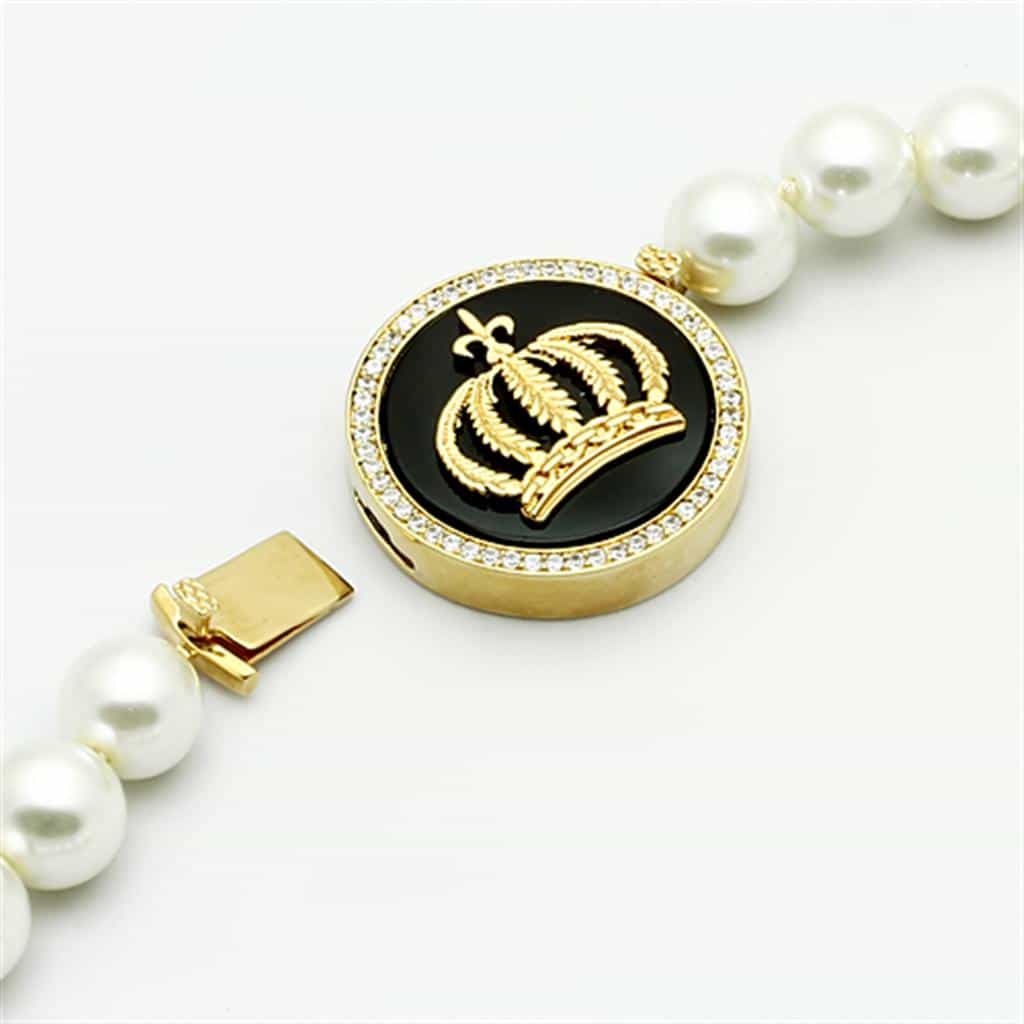 Brass Gold White Pearl Crown Medallion Single Strand Necklace view 3