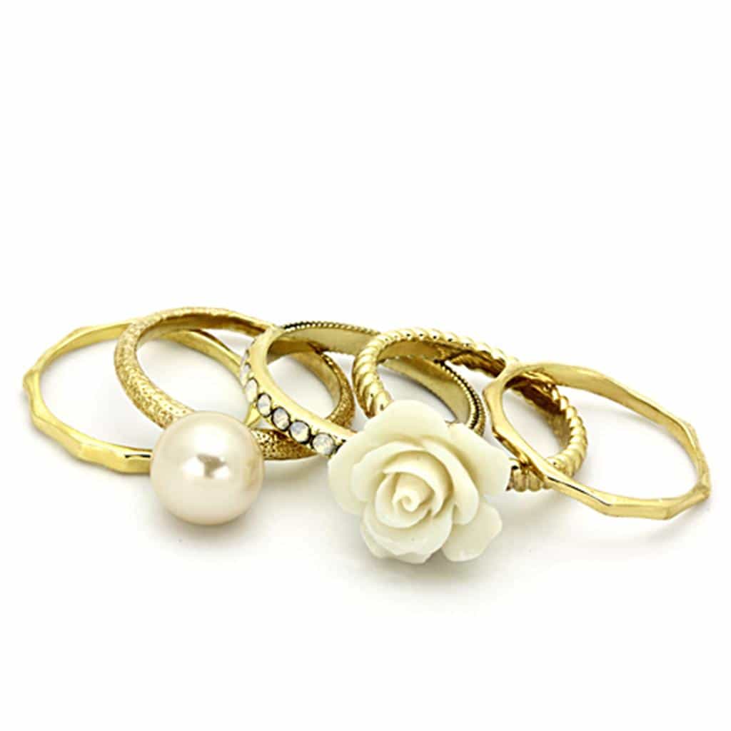Brass Gold White Rose Pearl CZ Stackable Ring Set Ring view 2