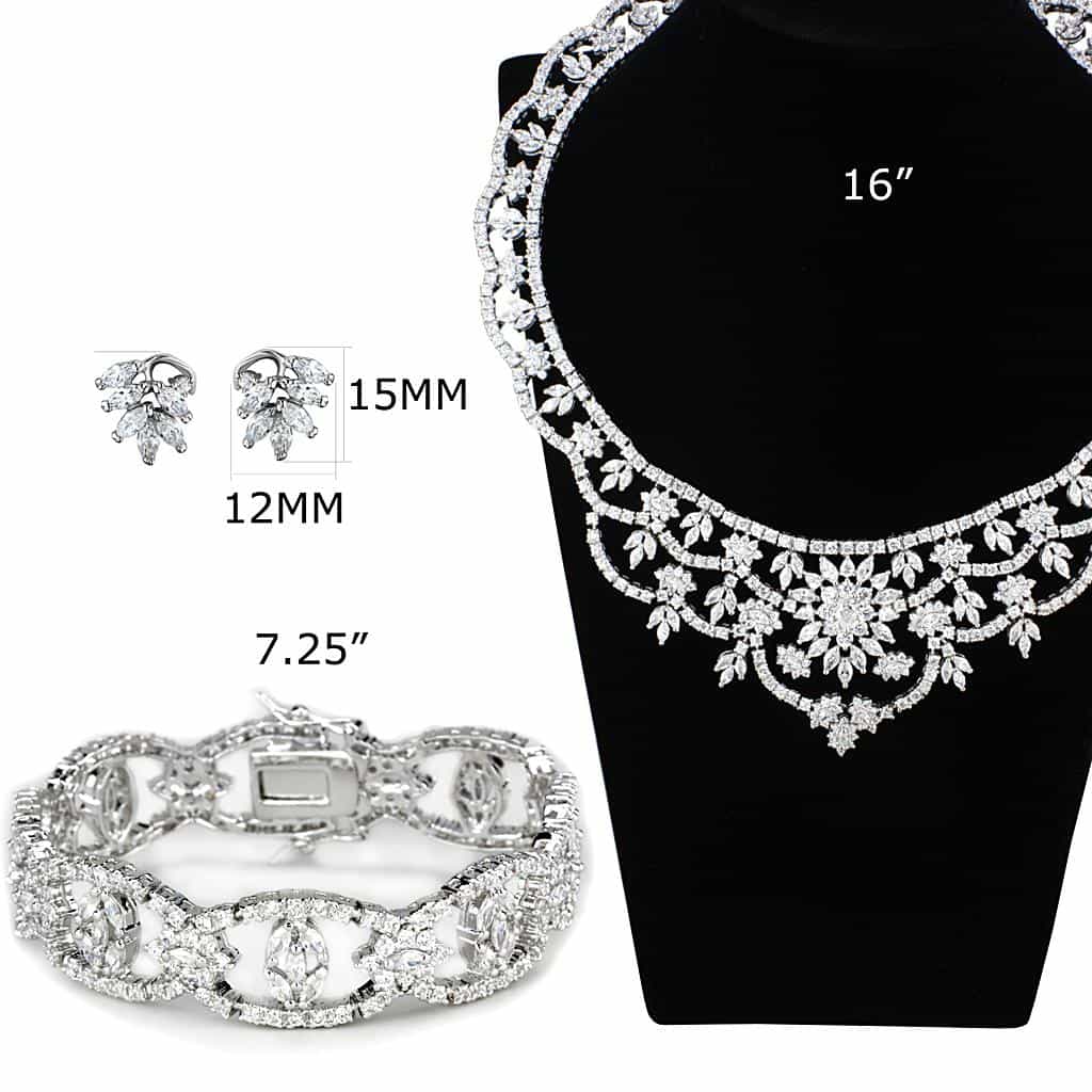 Brass Silver CZ Floral Leaf Statement Necklace Bracelet Earrings view 4