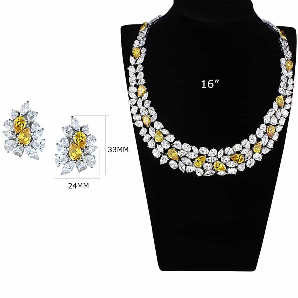 Brass Silver Yellow CZ Floral Leaf Statement Necklace Earrings view 2