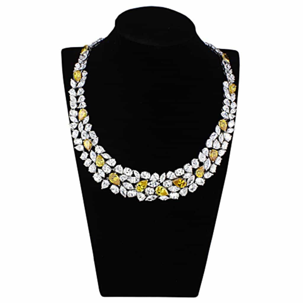 Brass Silver Yellow CZ Floral Leaf Statement Necklace Earrings view 4