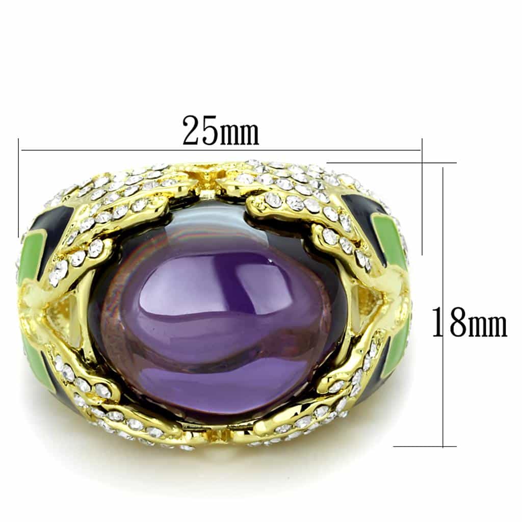 Brass Gold Purple Amethyst Cabochon Green Enamel CZ Cocktail Ring view 2