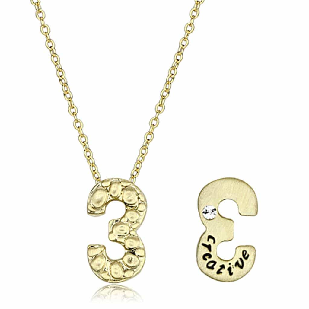 Brass Gold Textured Number 3 Pendant Necklace view 2