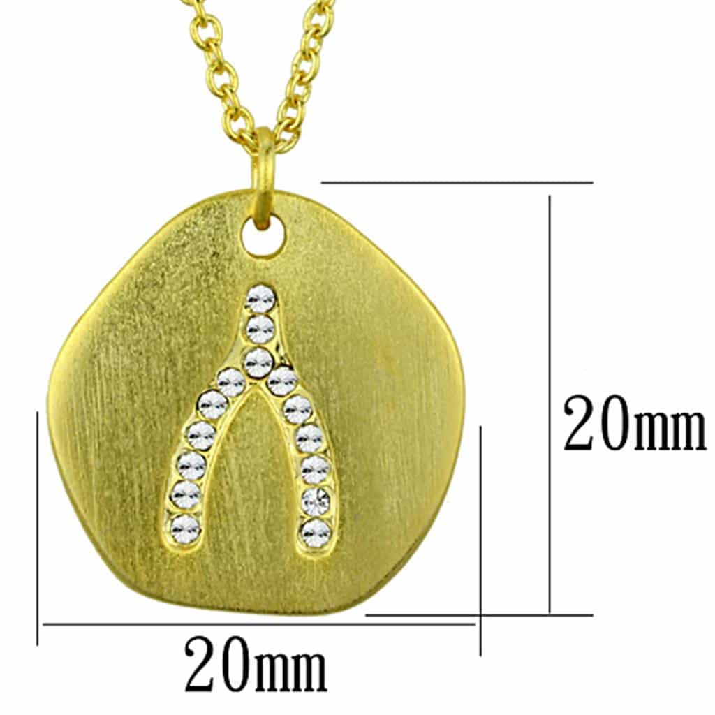 Brass Gold Brushed Disc CZ Wishbone Charm Pendant Necklace view 2
