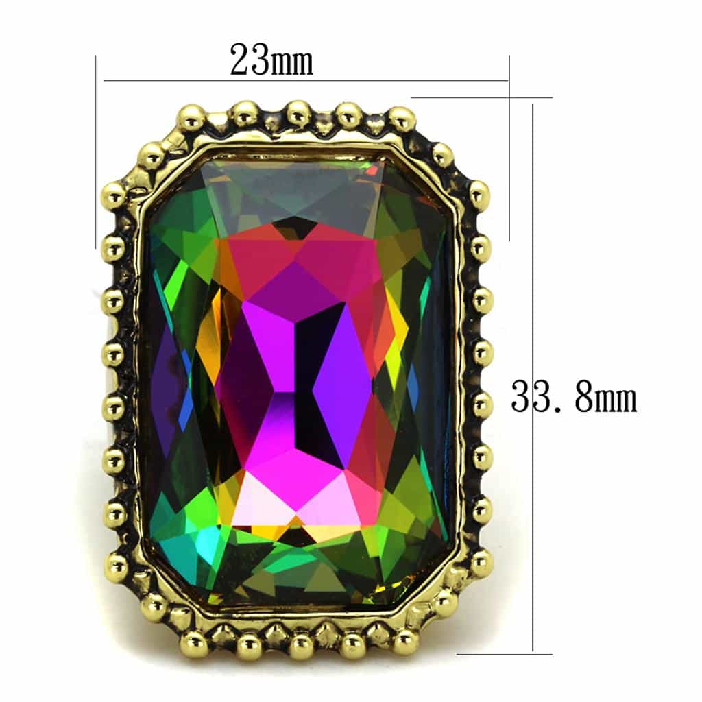 Brass Gold Aurora Borealis Emerald Cut Beaded Frame Cocktail Ring view 2