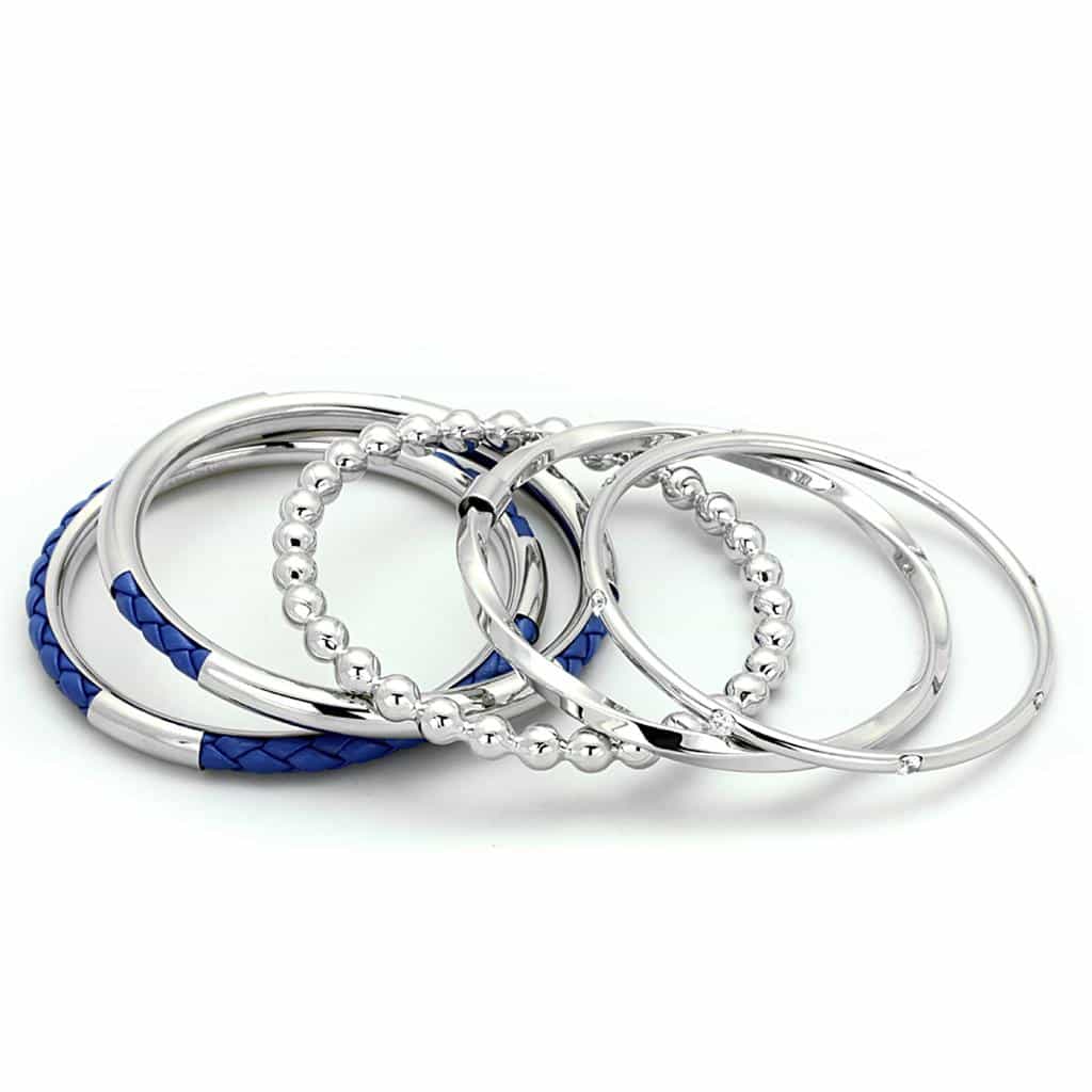 Stainless Steel Silver Blue Leather Beaded Stackable Bracelet view 2