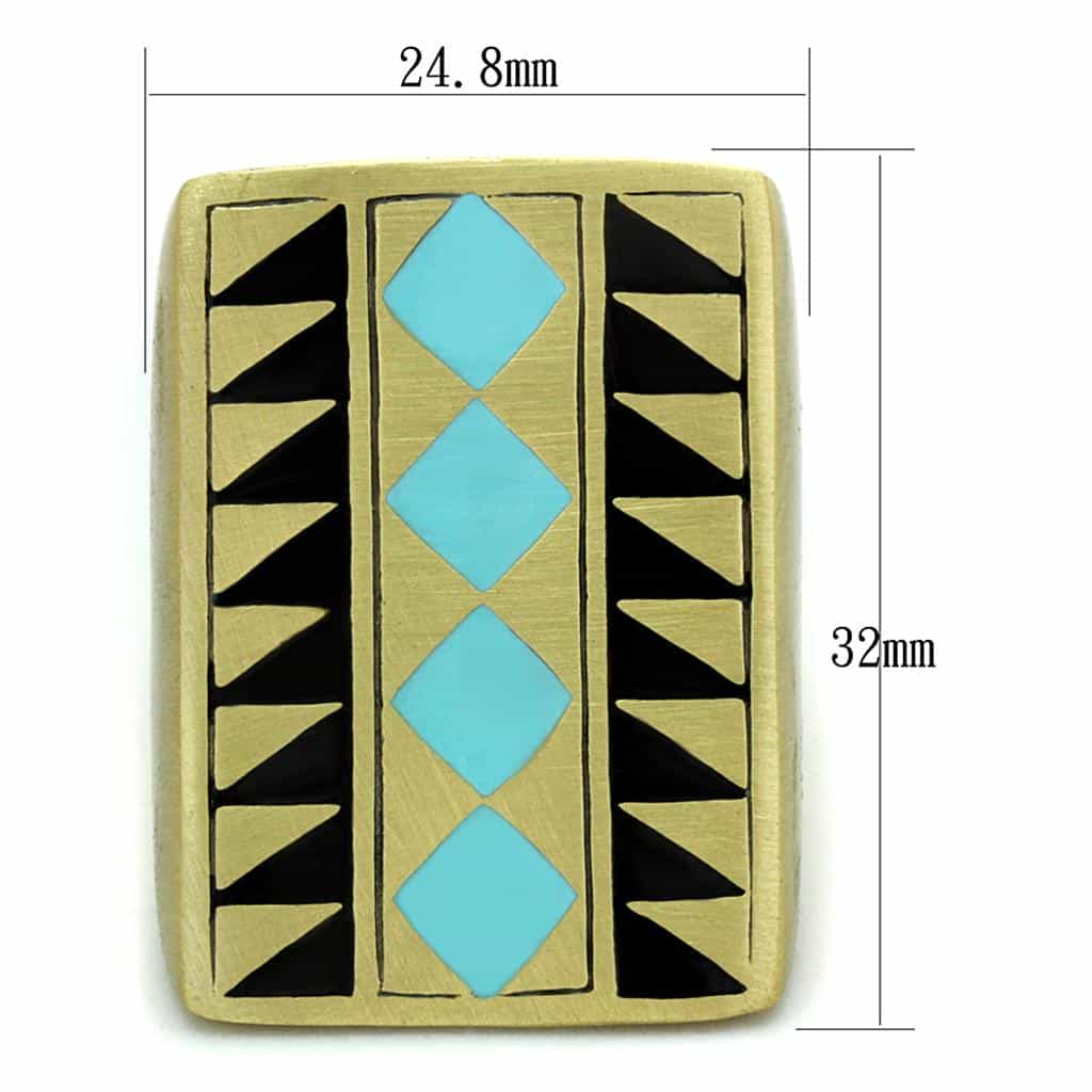 Brass Gold Turquoise Enamel Aztec Geometric Cocktail Ring view 2