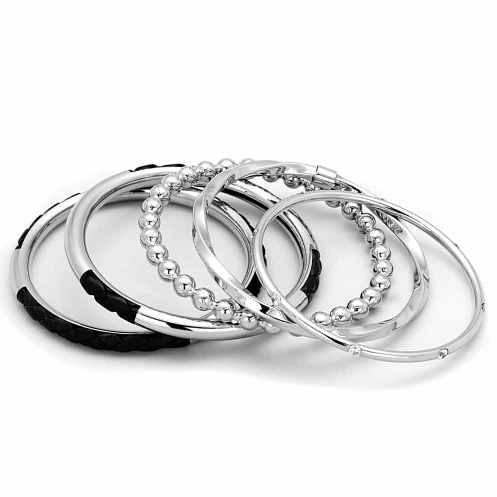 Stainless Steel Silver Black Leather Beaded Stackable Bracelet view 2