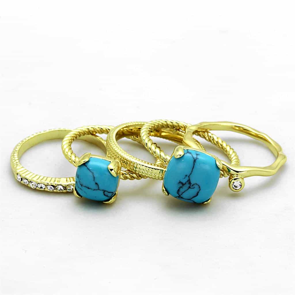 Brass Gold Turquoise Cabochon CZ Multi Band Stackable Ring view 2