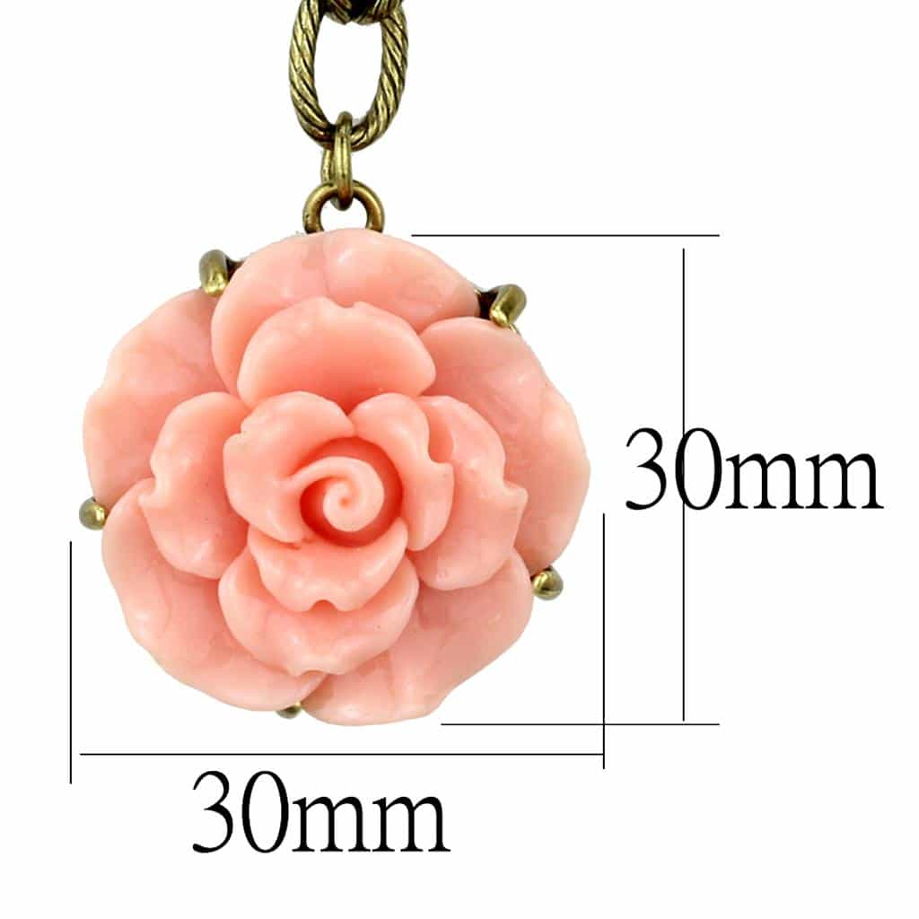 Brass Antique Gold Pink Coral Rose Flower Pendant Necklace view 2