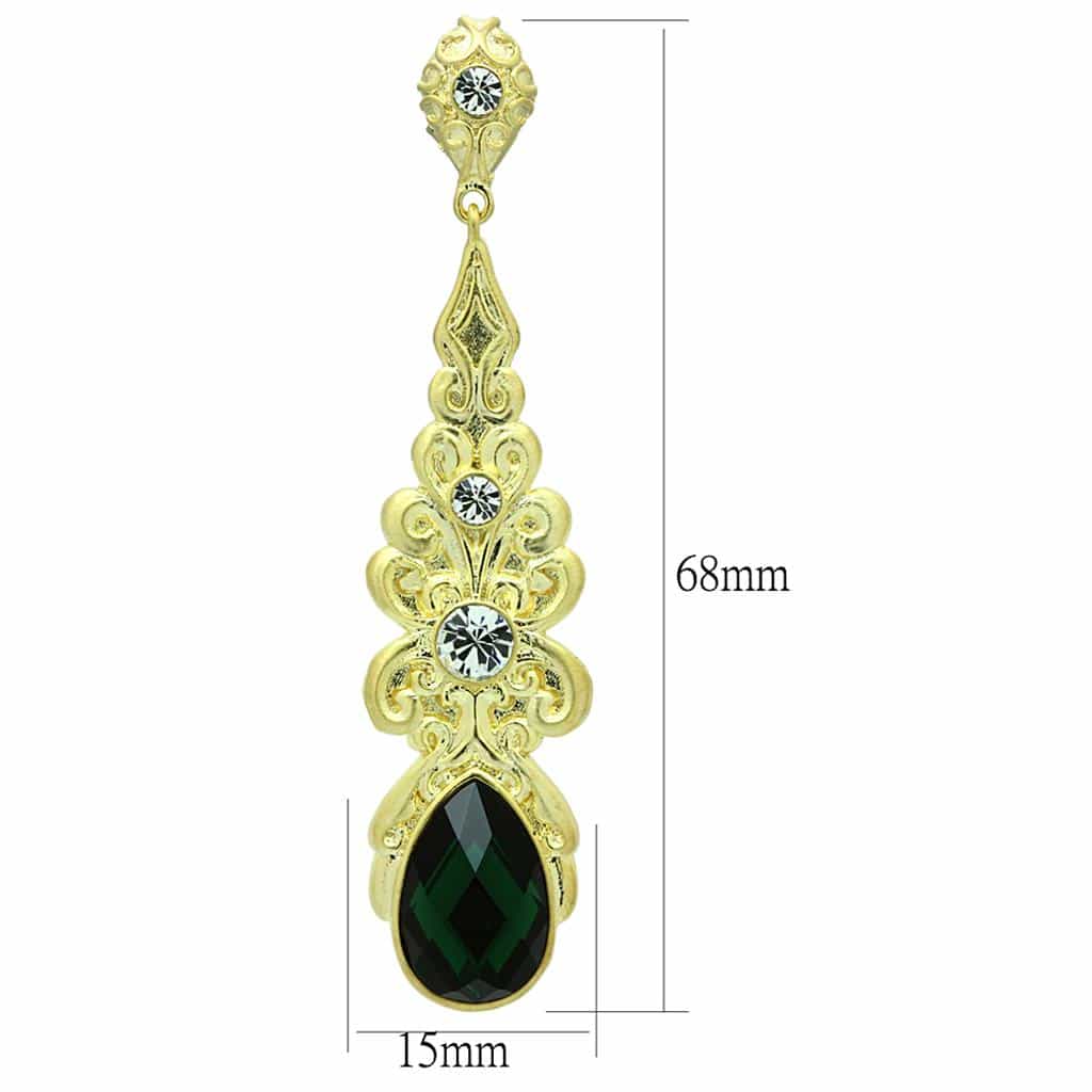 Brass Gold Green Emerald Teardrop CZ Filigree Dangle Earrings view 2