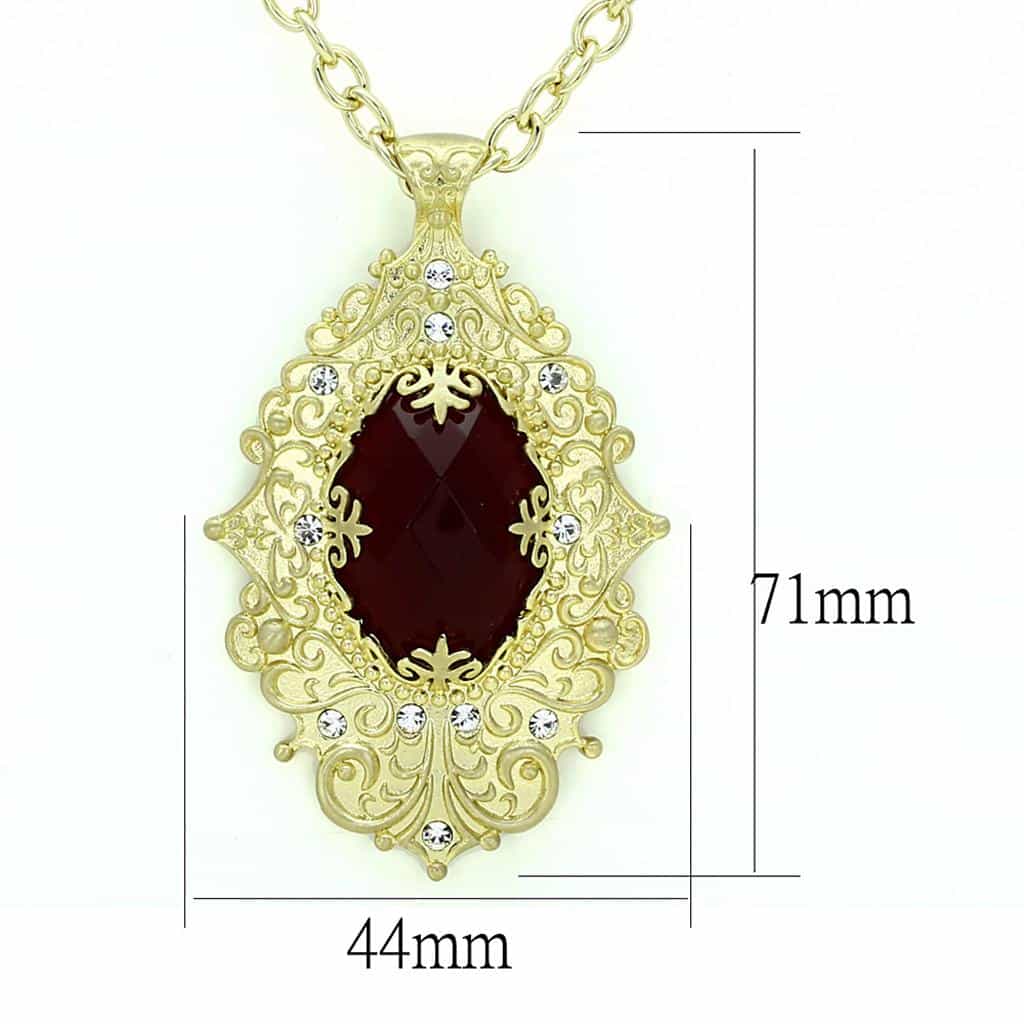 Brass Gold Red Garnet Oval CZ Filigree Pendant Necklace view 2
