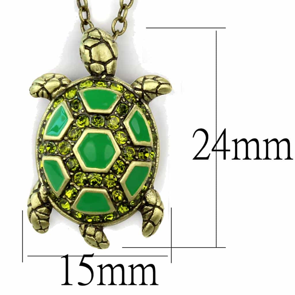 Brass Antique Gold Green Enamel Turtle Pendant Necklace view 2