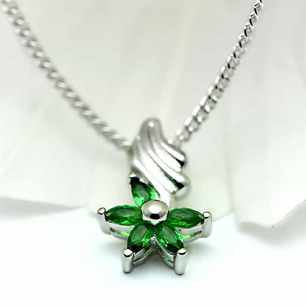 Brass Silver Green Emerald CZ Flower Pendant Necklace view 2
